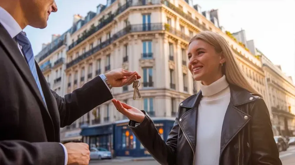 Une femme souriante reçoit des clés, symbolisant l'acquisition immobilière et les opportunités liées à la baisse des taux.
