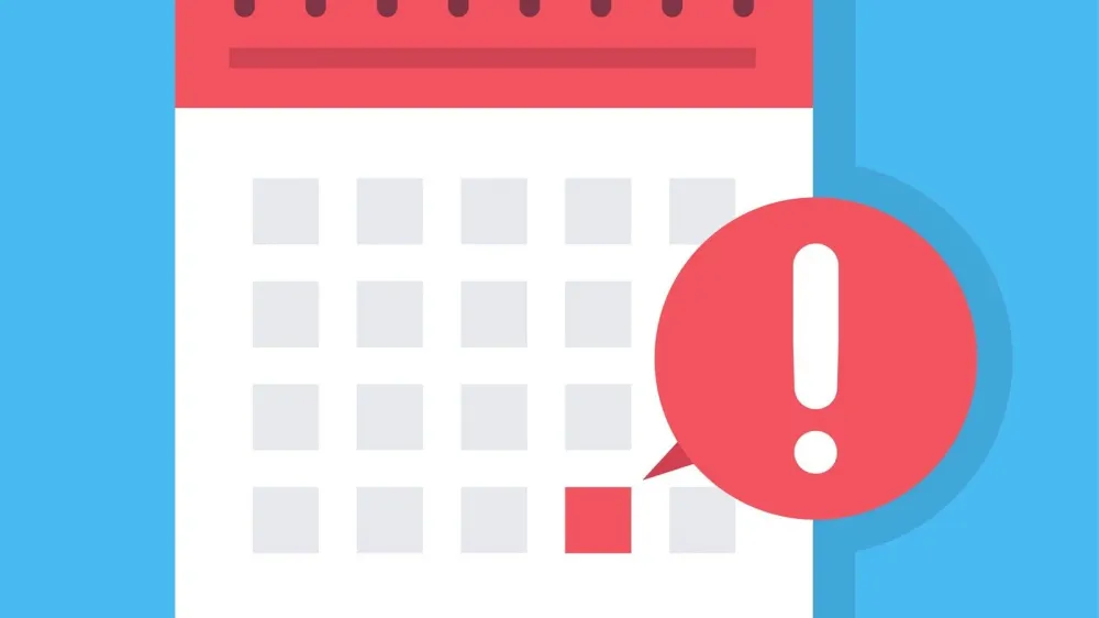 Calendrier avec un point d'exclamation rouge, symbolisant une date limite ou un rappel important.