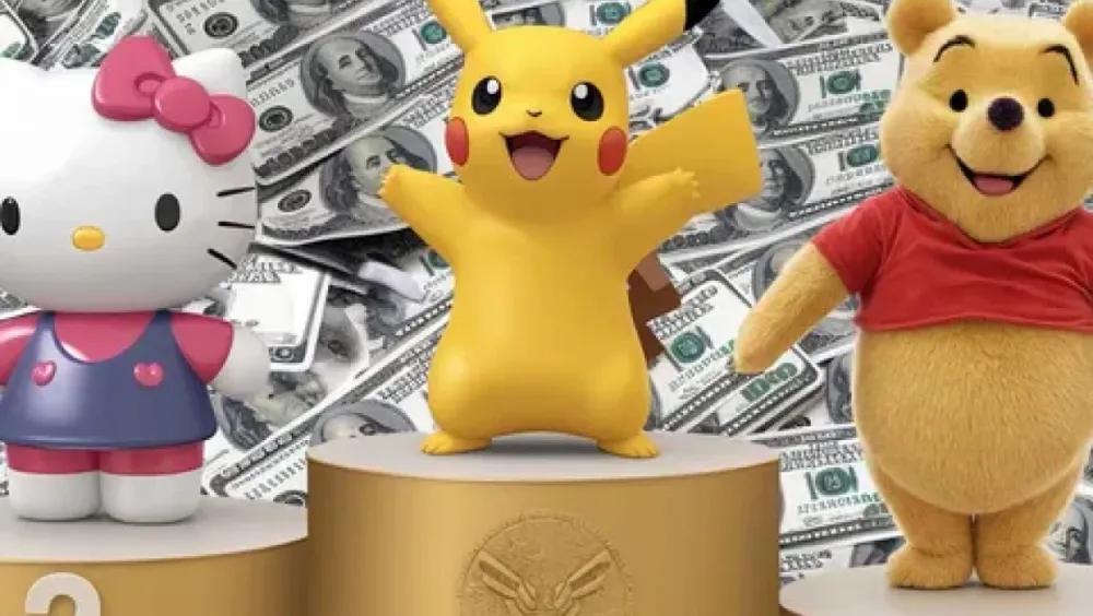 Hello Kitty, Pikachu et Winnie l'ourson sur un podium devant un fond de billets de banque.