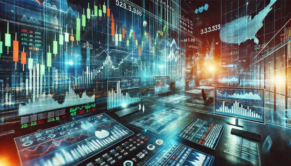 Salle de marché avec écrans affichant des graphiques boursiers et des données financières.