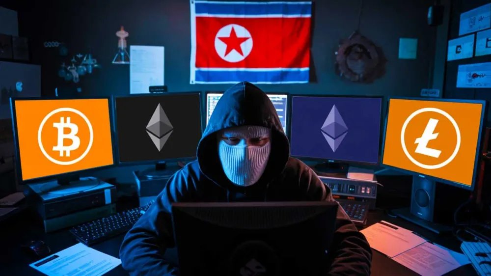 Un hacker nord-coréen masqué devant plusieurs écrans affichant des logos de cryptomonnaies (Bitcoin, Ethereum, Litecoin) avec le drapeau nord-coréen en arrière-plan.