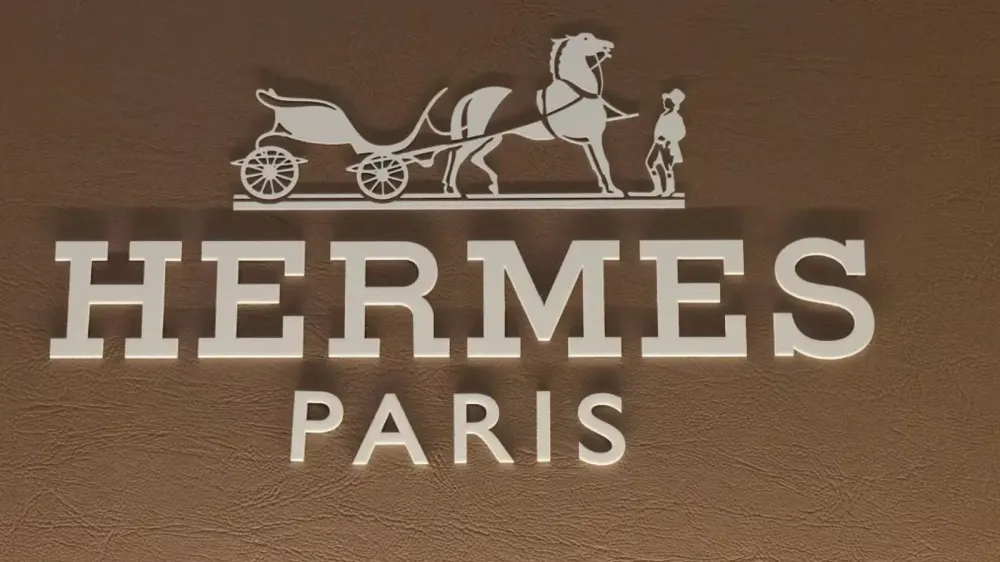 Logo Hermès sur fond texturé marron, affichant un cheval et une calèche au-dessus du nom de la marque en lettres capitales blanches, suivi de 'PARIS'.