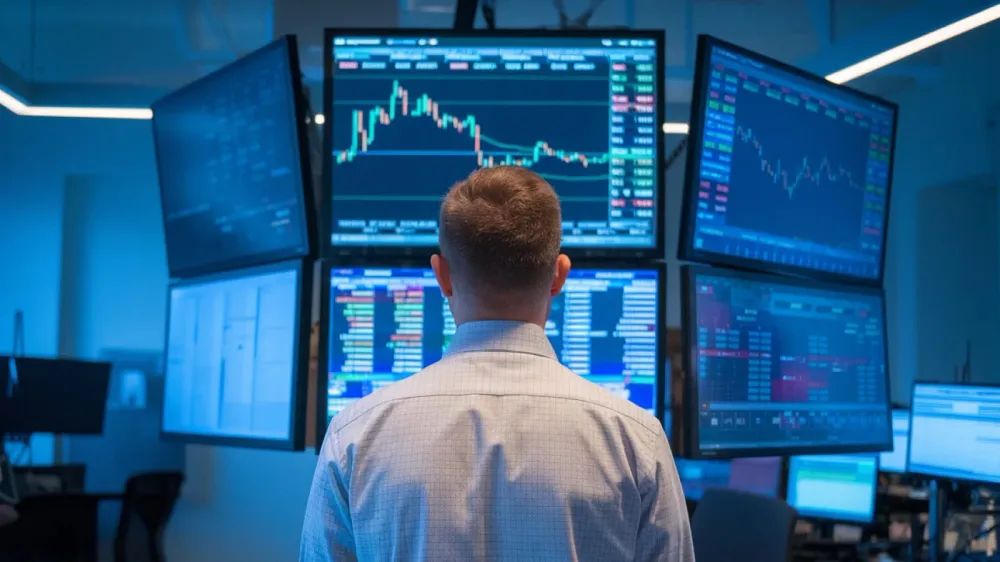 Un homme de dos, devant plusieurs écrans affichant des graphiques boursiers, symbolisant l'analyse et la prise de décision en bourse.