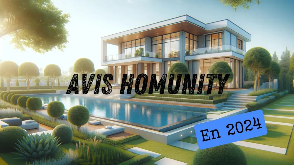 Maison moderne avec piscine et jardin paysager, illustrant un investissement immobilier potentiel via Homunity.
