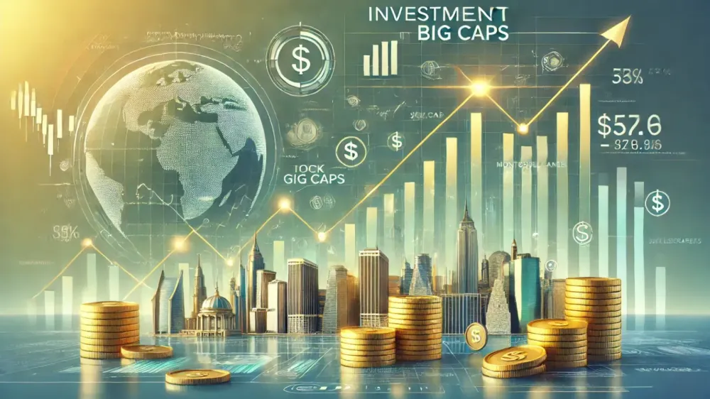 Image illustrative de l'investissement dans les grandes capitalisations boursières, avec des graphiques de croissance et des pièces d'or.