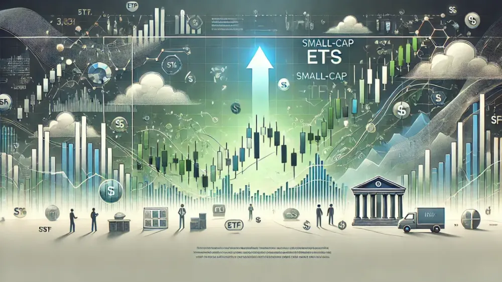 Image illustrative d'un ETF Small Cap avec des graphiques boursiers, des symboles financiers et des éléments visuels représentant la croissance et l'investissement.