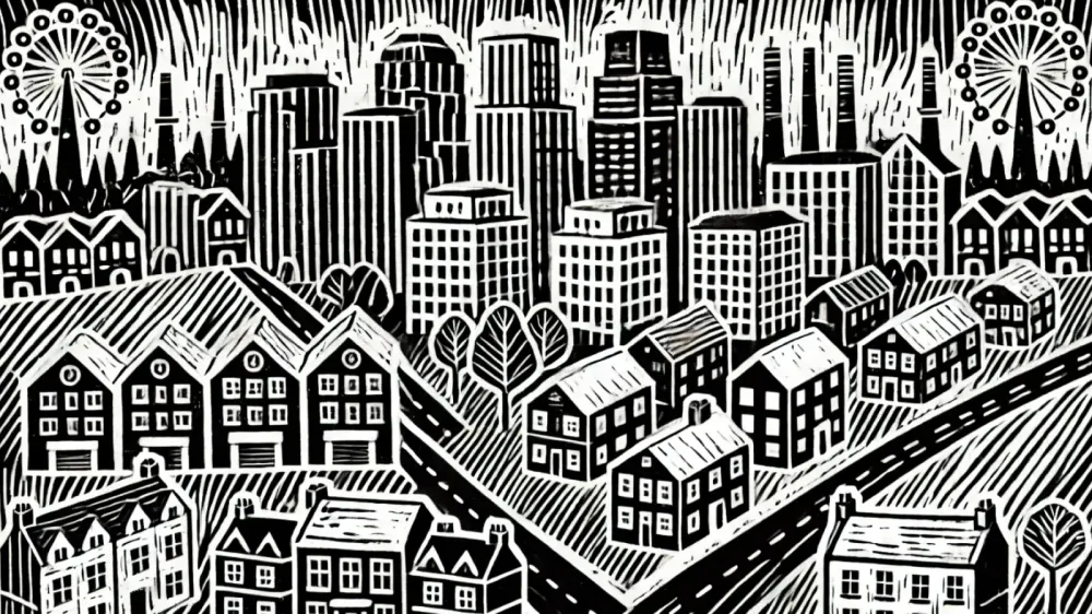 Illustration en noir et blanc d'une ville avec des gratte-ciel et des maisons, évoquant un paysage urbain et résidentiel.