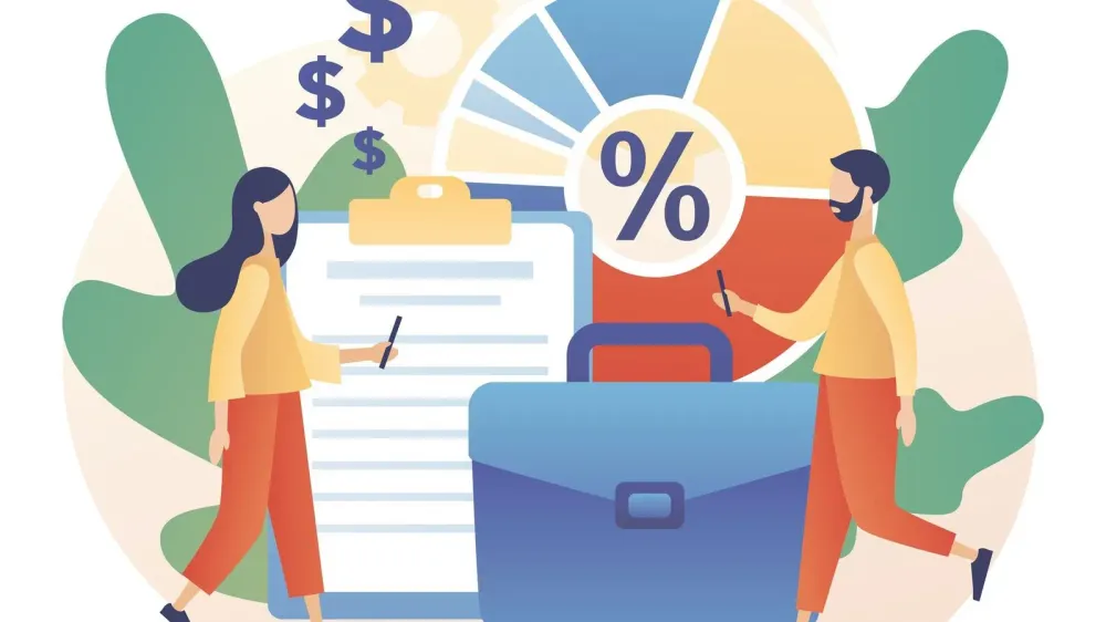 Illustration de deux personnes travaillant sur des documents financiers, symbolisant l'investissement en bourse avec un petit budget.