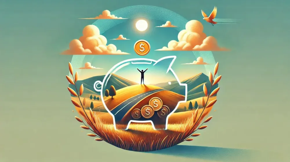 Illustration d'une tirelire transparente remplie d'un paysage avec une personne au sommet d'une colline, symbolisant la réussite financière.