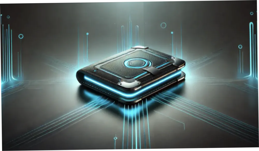 Un livre futuriste avec des lumières bleues, symbolisant le calcul du prix de revient unitaire (PRU).