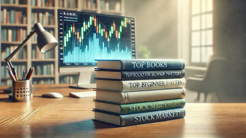 Pile de livres sur l'investissement devant un écran d'ordinateur affichant des graphiques boursiers.