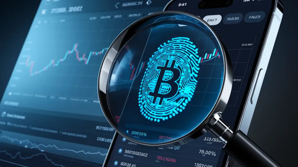 Image d'un téléphone affichant un graphique boursier et un logo Bitcoin dans une loupe, symbolisant l'examen minutieux des cryptomonnaies.