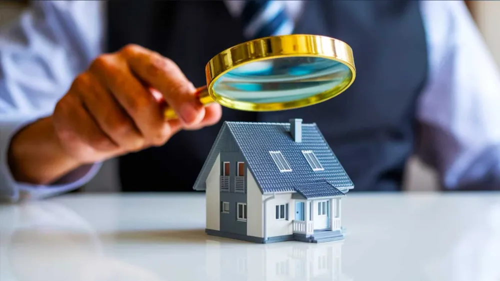 Un homme examine une maquette de maison avec une loupe, symbolisant l'analyse du marché immobilier français.