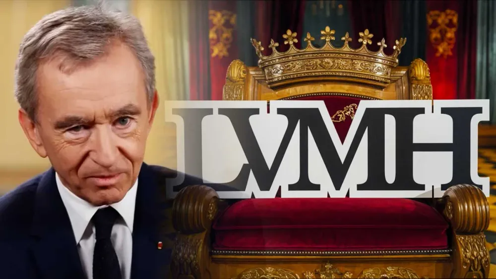 Bernard Arnault, PDG de LVMH, devant un trône et le logo de LVMH, symbolisant son pouvoir et son emprise sur le groupe de luxe.