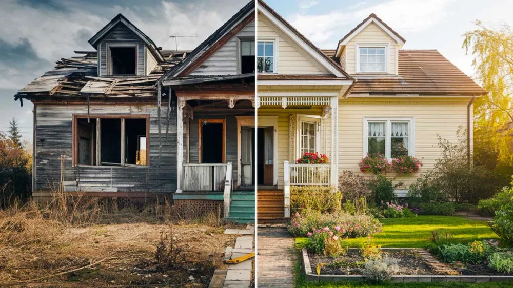 Maison délabrée avant rénovation énergétique, puis maison rénovée et accueillante. Illustration de l'impact du DPE sur les logements.