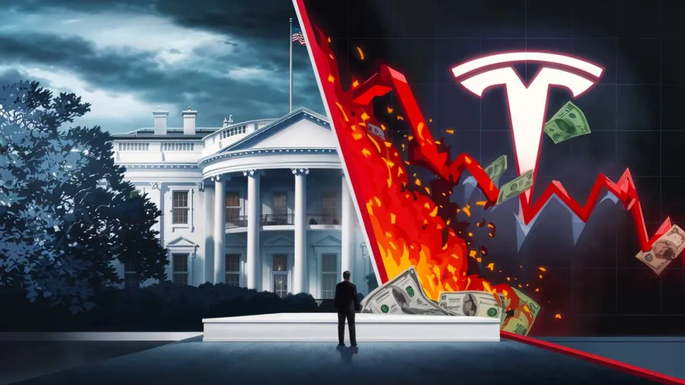 Image symbolisant la chute de Tesla : le logo de Tesla et un graphique boursier en baisse sont superposés à la Maison Blanche, avec un homme regardant la scène.