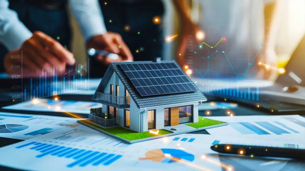 Une maquette de maison avec des panneaux solaires est entourée de graphiques et de personnes, symbolisant l'investissement immobilier et la croissance.