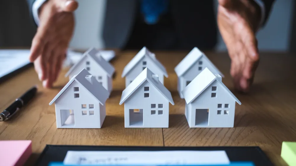 Des maquettes de maisons blanches sur une table, symbolisant l'investissement immobilier et les risques de défaut de remboursement.