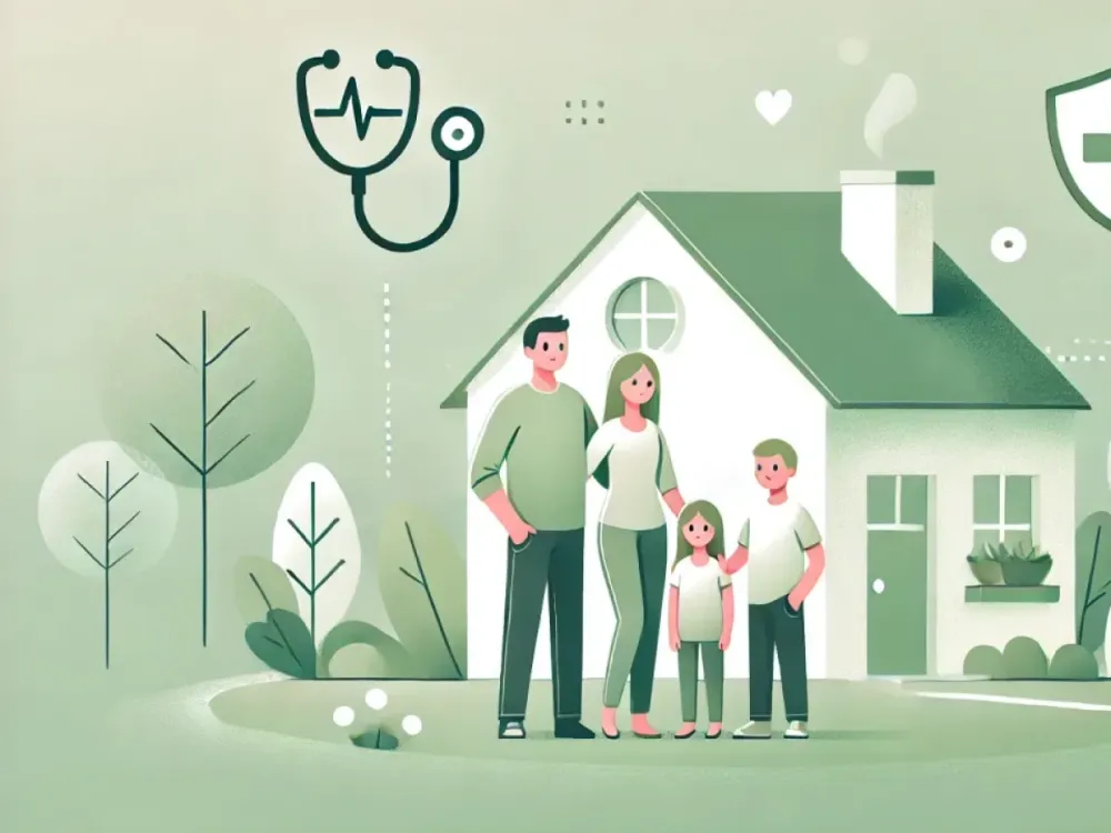 Illustration d'une famille devant une maison, symbolisant la protection de l'assurance-vie pour l'avenir et la santé.