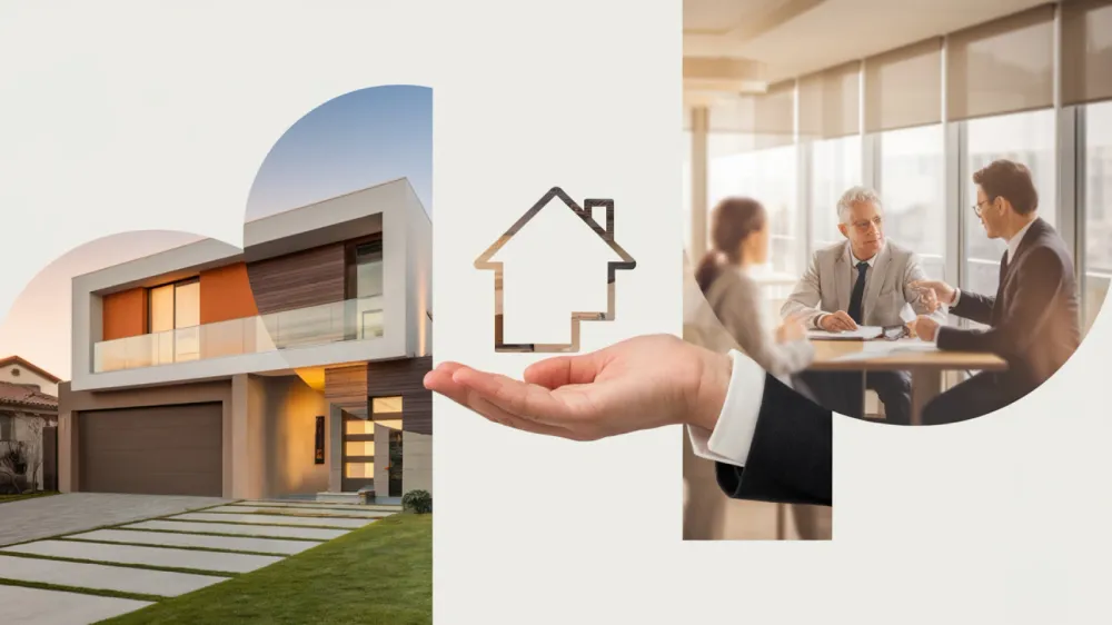 Illustration du crédit immobilier en 2025 : une maison moderne, une main tenant une icône de maison et une réunion de conseillers.