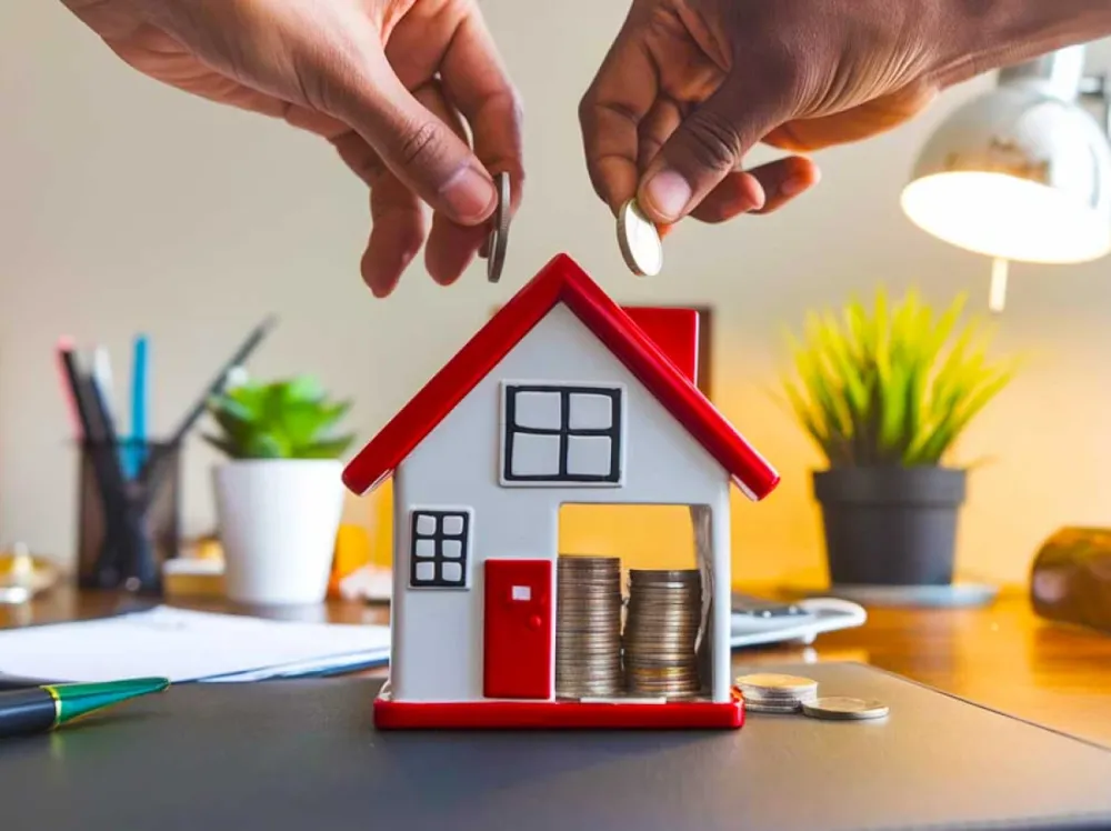 Deux mains déposent des pièces dans une tirelire en forme de maison, symbolisant l'investissement immobilier.