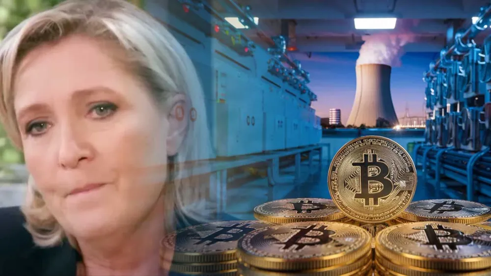 Image composite de Marine Le Pen, d'une centrale nucléaire et de pièces de Bitcoin, illustrant le potentiel du nucléaire français pour le minage de Bitcoin.