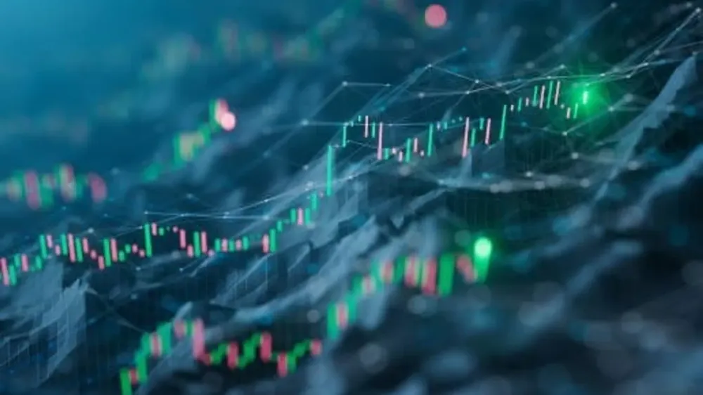 Graphique boursier avec des chandeliers verts et rouges, symbolisant les fluctuations du marché et les dividendes potentiels.