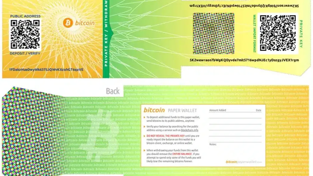Image d'un paper wallet Bitcoin montrant l'adresse publique, la clé privée et des instructions pour son utilisation.