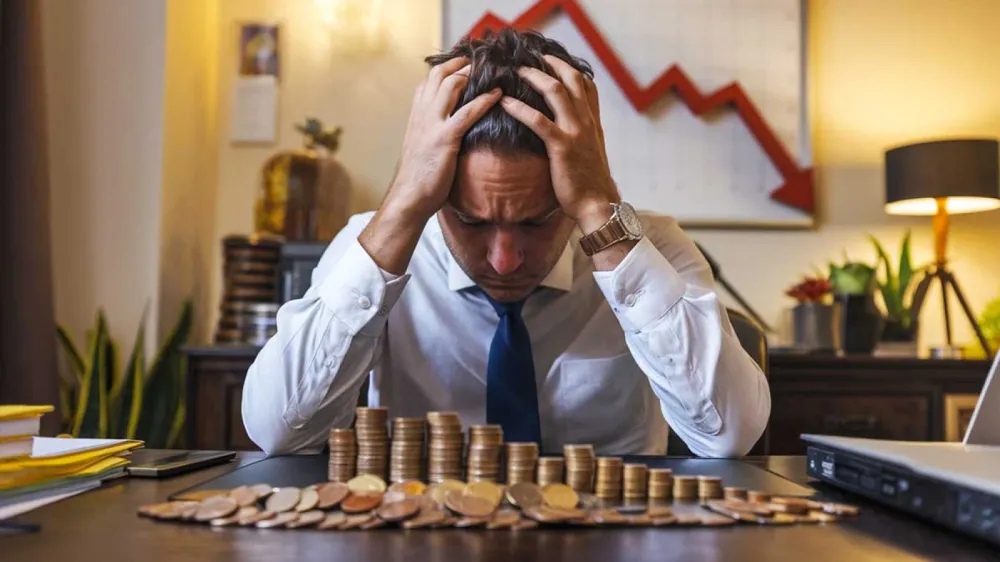 Un homme d'affaires désespéré, les mains sur la tête, face à une pile de pièces de monnaie décroissante et un graphique boursier en baisse.