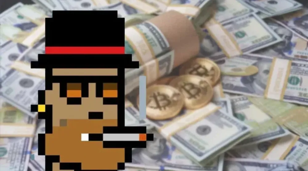 Un NFT pixelisé avec un chapeau et une cigarette, superposé à une pile de billets de banque et de pièces de Bitcoin.