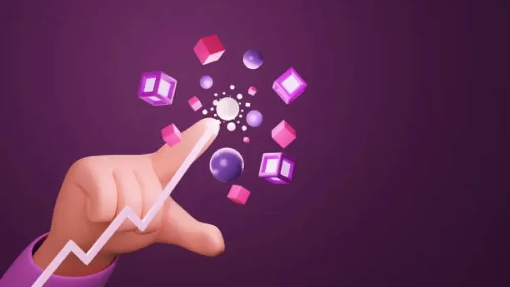 Illustration d'une main tenant une ligne de graphique ascendante, entourée de cubes et de sphères flottantes, symbolisant la croissance et le potentiel du staking de cryptomonnaies.