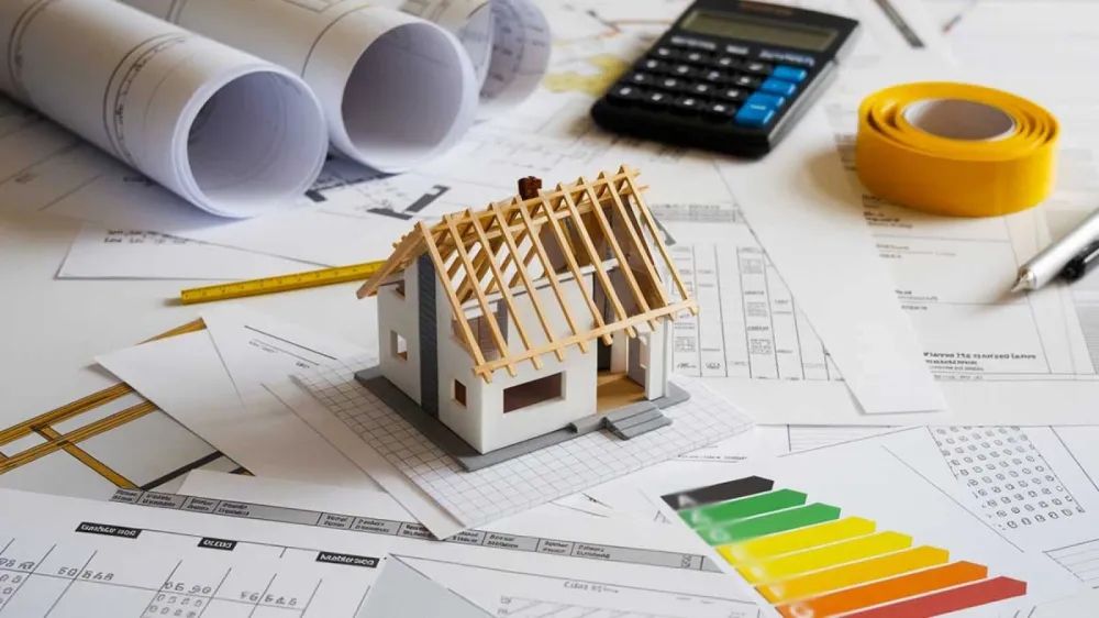 Image d'une maquette de maison entourée de plans, d'une calculatrice et d'un diagramme de performance énergétique.