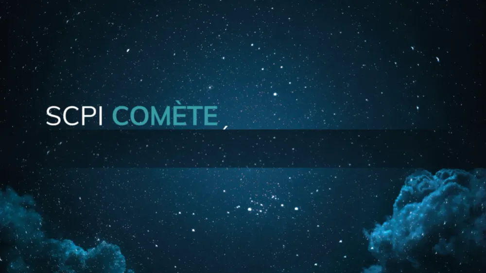 Image de fond étoilée avec le texte SCPI Comète, utilisée pour illustrer un article sur l'analyse de la SCPI en 2025.