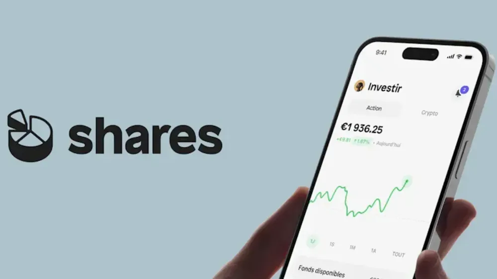 L'application Shares sur un smartphone, affichant un graphique boursier en hausse et le logo de la plateforme.