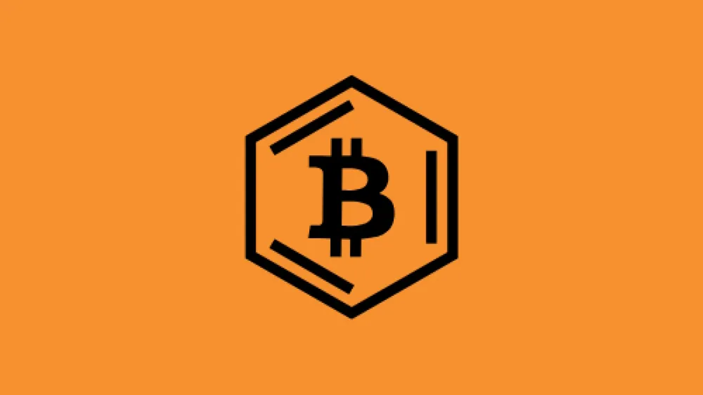 Logo Bitcoin stylisé avec un hexagone, symbolisant la technologie blockchain et la décentralisation.
