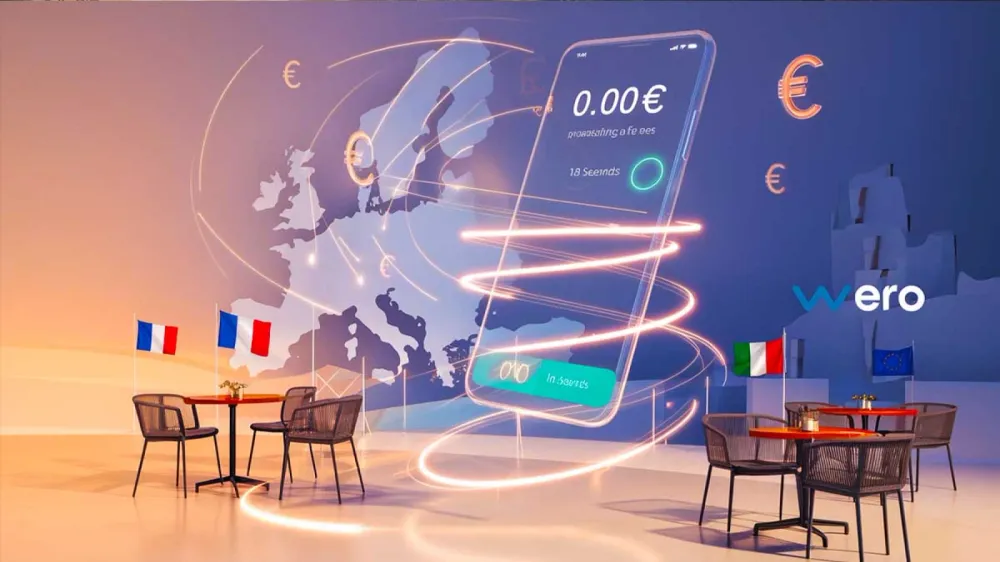 Illustration d'un smartphone affichant un virement en euros, symbolisant la transformation des virements bancaires en 2025.