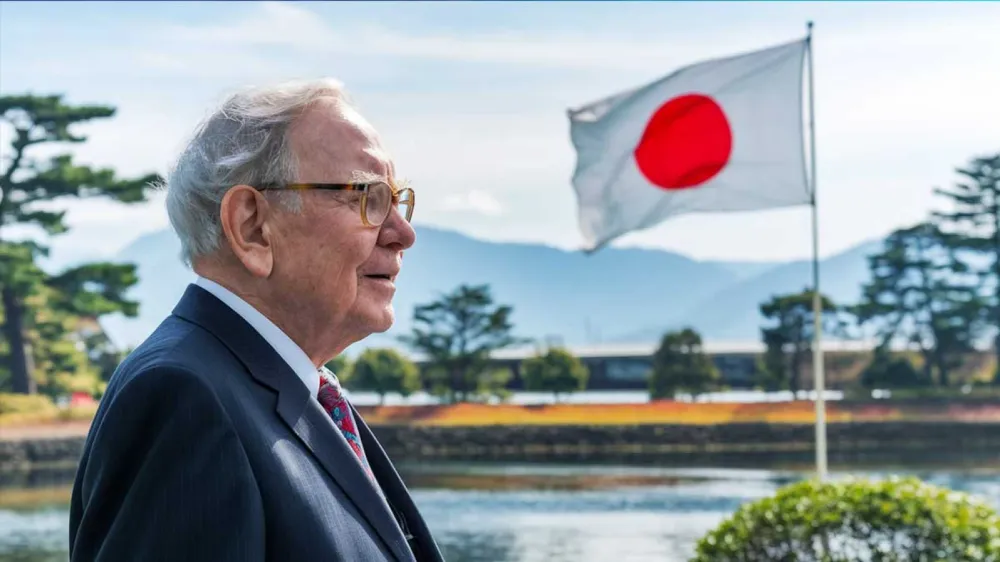Warren Buffett au Japon devant le drapeau japonais, symbole de ses investissements stratégiques dans le pays.