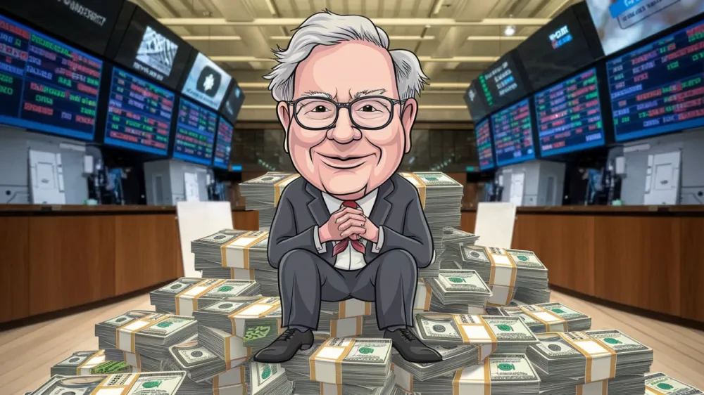 Caricature de Warren Buffett assis sur une montagne de liasses de billets de banque, symbolisant son succès financier.
