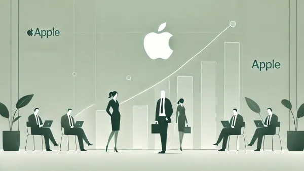 Illustration d'une présentation d'Apple avec des employés, un graphique de croissance et le logo Apple.