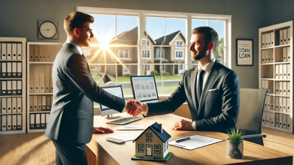 Deux hommes en costume se serrent la main devant un bureau avec une maquette de maison, symbolisant un accord de prêt immobilier.