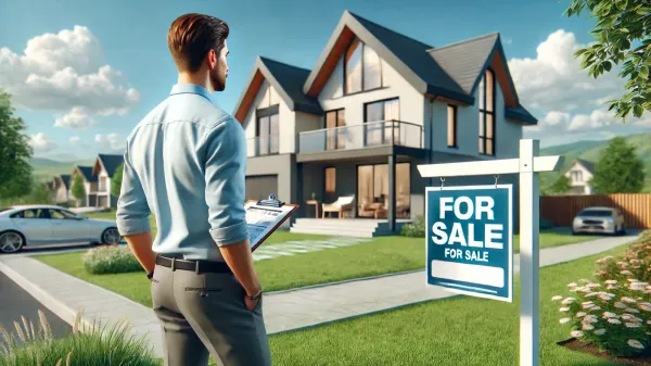 Jeune agent immobilier devant une maison avec un panneau "À Vendre", symbolisant l'investissement immobilier pour les jeunes en 2025.