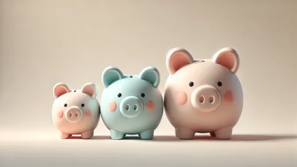 Trois tirelires en forme de cochon de différentes tailles, symbolisant la répartition du budget selon la règle 50/30/20.