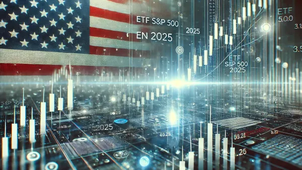 Image composite d'un drapeau américain, de graphiques boursiers et de circuits imprimés, symbolisant l'investissement dans le S&P 500 en 2025.