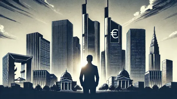 Un homme d'affaires se tient devant une ville avec un symbole Euro sur un gratte-ciel, symbolisant les marchés financiers.