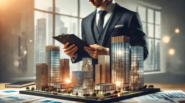Un homme d'affaires en costume examine une maquette de bâtiments, symbolisant l'investissement en SCPI de rendement en 2025.