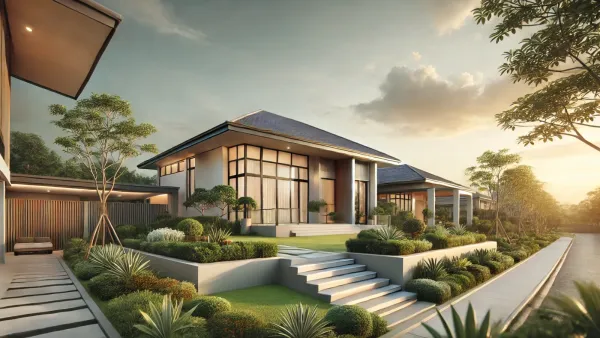 Maison moderne avec jardin paysager, illustrant les travaux d'amélioration pouvant être déductibles de la plus-value immobilière.