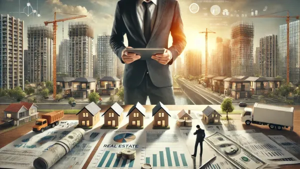 Image conceptuelle d'un investisseur immobilier analysant des données sur une tablette, avec des maisons miniatures et des graphiques de marché.