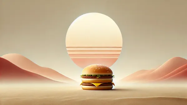 Un hamburger McDonald's au milieu d'un paysage désertique stylisé, évoquant une oasis de saveurs dans un environnement aride.