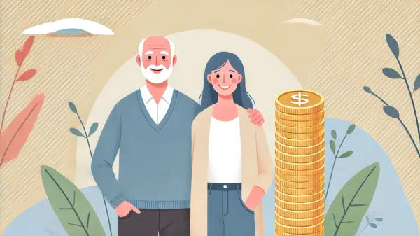 Illustration d'un couple souriant à côté d'une pile de pièces d'or, symbolisant la planification financière pour la retraite avec un PER.