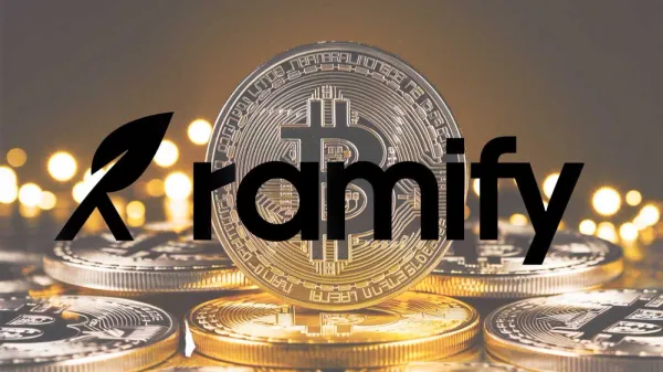 Pièces de Bitcoin et logo Ramify, symbolisant l'investissement crypto facilité en France.